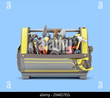 different tools set in tool bag concept of repair tools warehouse promotion front view 3d render on blue gradient Stock Photo