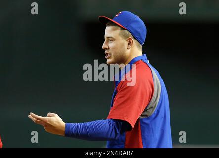 Chicago Cubs' Anthony Rizzo talks to Milwaukee Brewers' Christian Yelich  during the seventh inning of a baseball game Saturday, April 6, 2019, in  Milwaukee. (AP Photo/Aaron Gash Stock Photo - Alamy