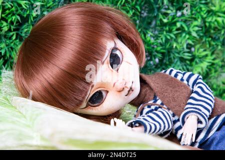 modern makeup doll face portrait toy red hair girl lying in green