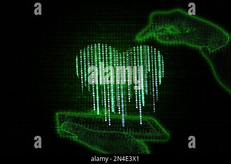 Blurred hand holding phone and hand pointing to Heart-shaped composed of binary computer code in futuristic green neon background. Metaverse. Virtual Stock Photo