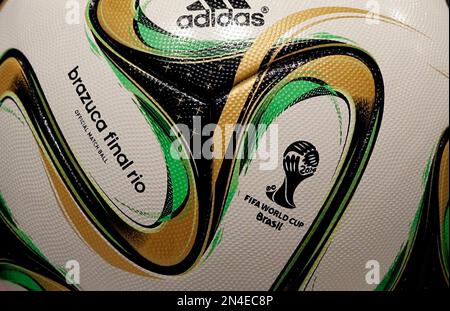 Official match ball 'Brazuca final Rio' lies on the table during a news  conference one day before the World Cup final soccer match between Germany  and Argentina in Maracana stadium in Rio
