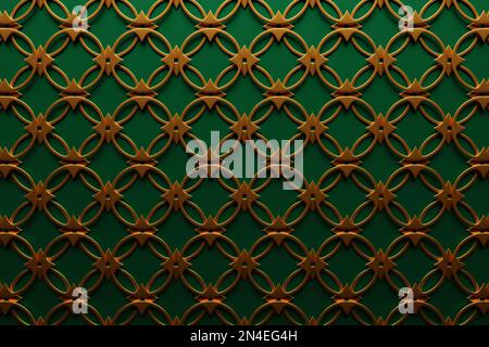 Golden floral pattern in oriental style on a green background. 3D illustration Stock Photo