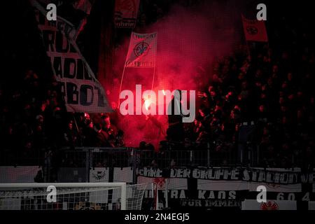 February 8th, 2023, Deutsche Bank Park, Frankfurt, GER, DFB Cup, Eintracht Frankfurt vs Darmstadt 98, in the picture pyrotechnics in the Frankfurt fan block. Stock Photo