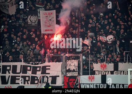 February 8th, 2023, Deutsche Bank Park, Frankfurt, GER, DFB Cup, Eintracht Frankfurt vs Darmstadt 98, in the picture pyrotechnics in the Frankfurt fan block. Stock Photo