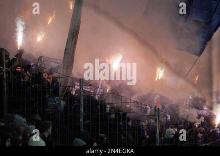 February 8th, 2023, Deutsche Bank Park, Frankfurt, GER, DFB Cup, Eintracht Frankfurt vs Darmstadt 98, in the picture pyrotechnics in the Darmstadt fan block. Stock Photo