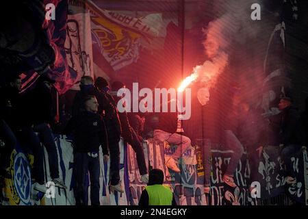 February 8th, 2023, Deutsche Bank Park, Frankfurt, GER, DFB Cup, Eintracht Frankfurt vs Darmstadt 98, in the picture pyrotechnics in the Darmstadt fan block. Stock Photo