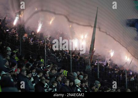 February 8th, 2023, Deutsche Bank Park, Frankfurt, GER, DFB Cup, Eintracht Frankfurt vs Darmstadt 98, in the picture pyrotechnics in the Darmstadt fan block. Stock Photo