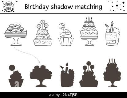 Birthday shadow matching activity for children. Fun puzzle with cute party desserts. Holiday celebration educational game for kids with cakes and cand Stock Vector