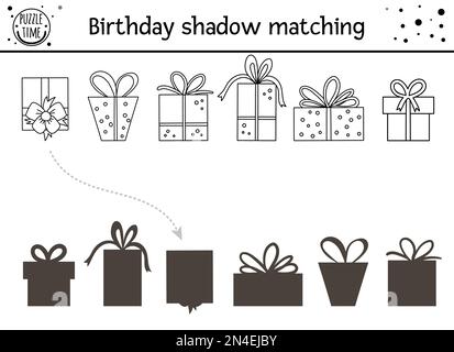 Birthday black and white shadow matching activity for children. Fun outline puzzle with cute gift boxes. Holiday line celebration educational game for Stock Vector