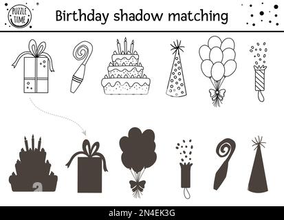 Birthday black and white shadow matching activity for children. Fun outline puzzle with party objects. Celebration educational line game for kids with Stock Vector