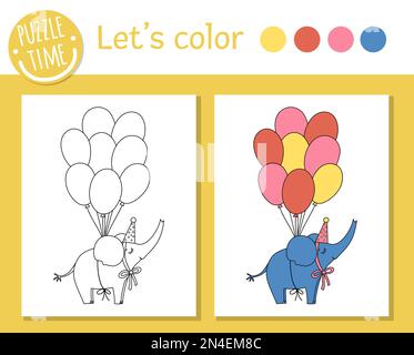 Birthday coloring page for children. Funny elephant in party hat flying on bunch of balloons. Vector holiday outline illustration with cute animal. Pa Stock Vector