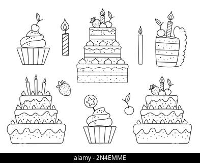 Vector black and white set with birthday cakes, candles and cupcakes. Cute outline meal or candy bar elements. Funny dessert illustration for card, po Stock Vector