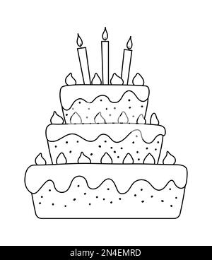 Vector black and white birthday cake with candles. Cute funny b-day dessert illustration for card, print design. Holiday line icon for kids isolated o Stock Vector