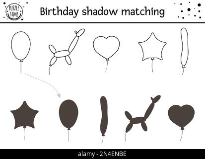 Birthday black and white shadow matching activity for children. Fun outline puzzle with cute balloons of different shapes. Holiday line celebration ed Stock Vector