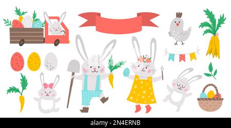 Vector Easter bunny family set. Rabbit mother, father, daughter and son with spring elements isolated on white background. Cute animal icons pack for Stock Vector