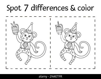 Birthday party find differences and color game for children. Anniversary black and white educational activity with funny monkey and cake with candle. Stock Vector