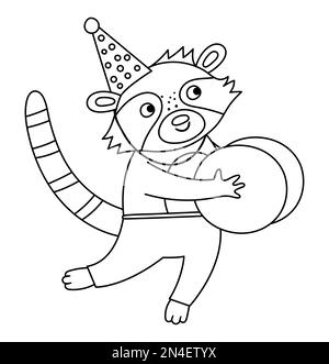 Vector cute black and white raccoon with cymbals in birthday hat. Funny b-day animal for card, poster, print design. Outline holiday illustration for Stock Vector