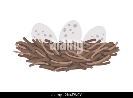 Vector flat bird nest with eggs icon. Farm or Easter illustration isolated on white background. Cute spring picture for kids Stock Vector