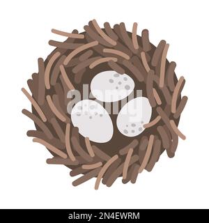 Vector flat bird nest with eggs icon. Farm or Easter illustration isolated on white background. Cute spring picture for kids Stock Vector