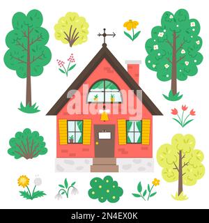 Vector set with garden or trees, plants, flowers and country house isolated on white background. Flat spring farm illustration with cottage. Natural g Stock Vector