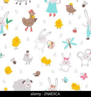 Vector Easter characters seamless pattern. Spring birds and insects repeating background. Cute animal digital paper for kids. Funny bunny family, chic Stock Vector