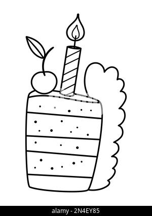 Vector cute black and white birthday cake slice with candle and cherry on top. Funny b-day dessert for card, print design. Outline holiday illustratio Stock Vector