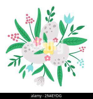 Vector Easter round decorative element. Cute bright composition with eggs, plants and leaves. Spring icon or sticker. Holiday circle shaped floral des Stock Vector