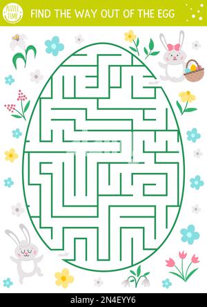 Easter maze for children with cute bunnies in egg shape. Holiday preschool printable activity. Funny spring garden game or puzzle with animals and flo Stock Vector