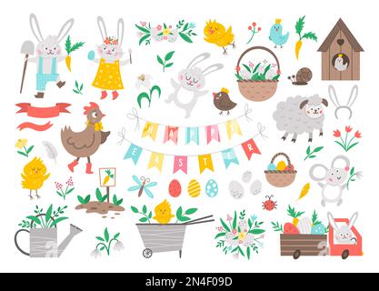 Big collection of design elements for Easter. Vector set with cute bunny, colored eggs, bird, chicks, baskets. Spring funny illustration. Adorable hol Stock Vector