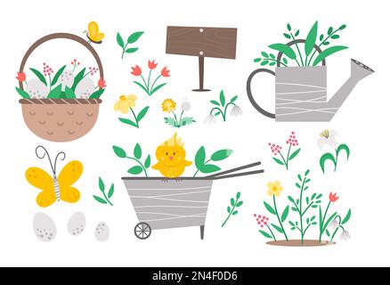 Vector cute garden and Easter icons pack. Wheel barrow, watering can, eggs, first flowers and plants isolated on white background. Flat spring gardeni Stock Vector