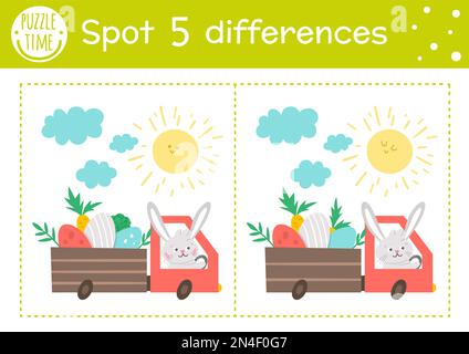 Easter find differences game for children. Holiday educational activity with funny bunny driving a truck with colored eggs. Printable worksheet with c Stock Vector