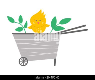 Vector cute wheel barrow with yellow chick icon isolated on white background. Flat spring garden tool illustration. Funny gardening equipment picture Stock Vector