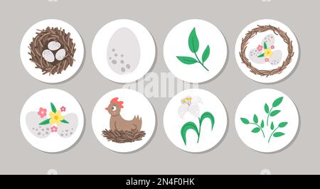 Cute set of round Easter highlight icons or card designs with nest, eggs, flowers, hen. Vector spring holiday pin or badge design isolated on white ba Stock Vector