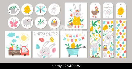 Cute set of Spring sale cards with Bunny, colored eggs, flowers, birds. Vector square, round, horizontal, vertical print templates. Easter holiday des Stock Vector