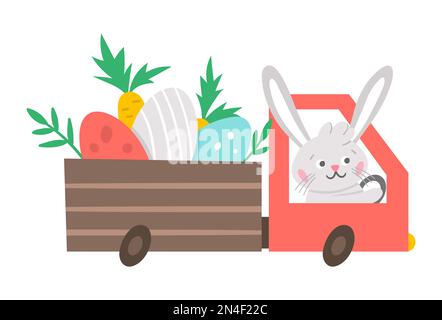 Vector Easter truck icon with colored eggs and carrots. Bunny driving a car with holiday presents isolated on white background. Cute adorable spring r Stock Vector