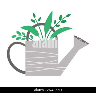 Vector cute watering can with green plants icon isolated on white background. Flat spring garden tool illustration. Funny gardening equipment picture Stock Vector