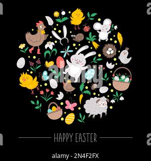 Vector Easter elements framed in circle on black background. Spring round frame concept. Design for banners, posters, invitations. Cute religious holi Stock Vector