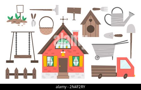 Vector garden icons set. Collection of gardening equipment, tools, country house, car. Flat spring illustration of spade, shovel, rakes isolated on wh Stock Vector
