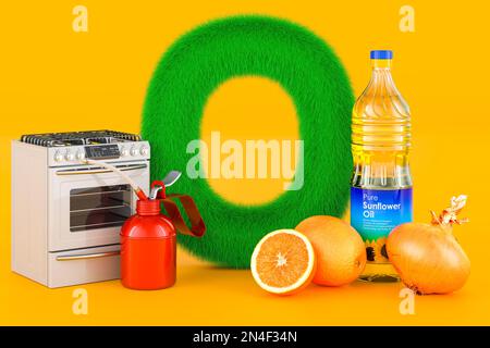 Fluffy letter O with oven, oil can, orange, onion, sunflower oil bottle. Kids ABC, 3D rendering on orange background Stock Photo