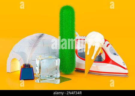 Fluffy letter I with ice cream, iron, igloo, ink, ice cube, 3D rendering on orange background Stock Photo