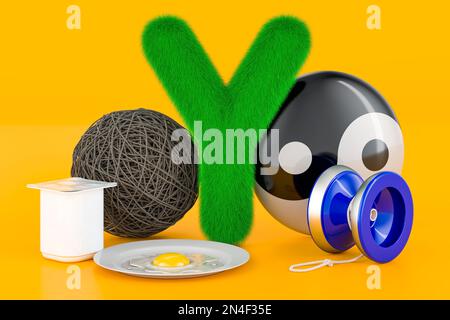 Fluffy letter Y with yo-yo, yogurt, yarn, yolk, yin yang. Kids ABC, 3D rendering on orange background Stock Photo