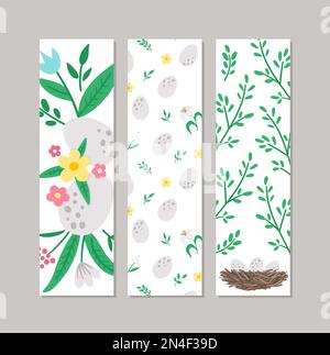 Set of Easter bookmarks or greeting card templates. Vertical Spring holiday posters or invitations. Bright green frame illustration with traditional s Stock Vector