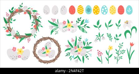Vector Easter decorative elements set. Design compositions with eggs, plants and leaves. Spring icons collection. Holiday basket, floral wreath, first Stock Vector