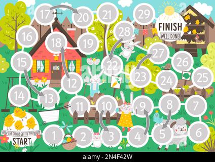 Easter dice board game for children with cute bunnies in the garden. Educational holiday boardgame with chicks, colored eggs, country cottage. Spring Stock Vector