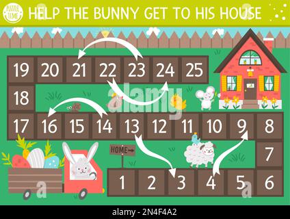 Easter dice board game for children with cute bunny in the truck with eggs driving to his house. Educational holiday boardgame. Spring educational act Stock Vector