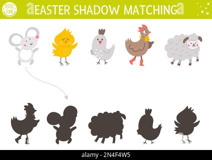 Easter shadow matching activity for children. Fun spring puzzle with cute farm animals. Holiday celebration educational game for kids. Find the correc Stock Vector