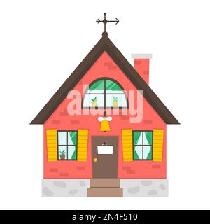 Vector country house icon isolated on white background. Flat farm cottage illustration. Cute red brick home with doorbell, plate, windows, curtains. R Stock Vector
