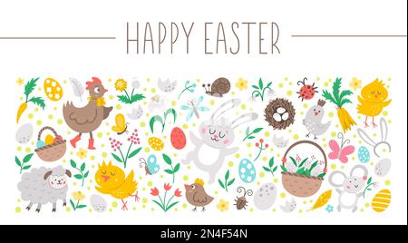 Vector horizontal set with Easter elements. Frame with traditional symbols. Funny design for banners, posters, invitations. Cute spring rectangle holi Stock Vector