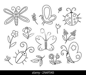 Vector black and white insect and first flower icons pack. Funny spring garden outline collection. Cute ladybug, butterfly, beetle, dandelion illustra Stock Vector