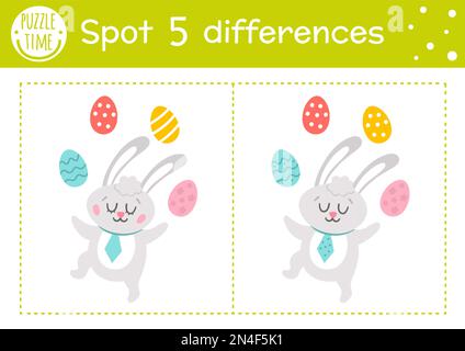 Easter find differences game for children. Holiday educational activity with funny bunny juggling with colored eggs. Printable worksheet with cute cha Stock Vector